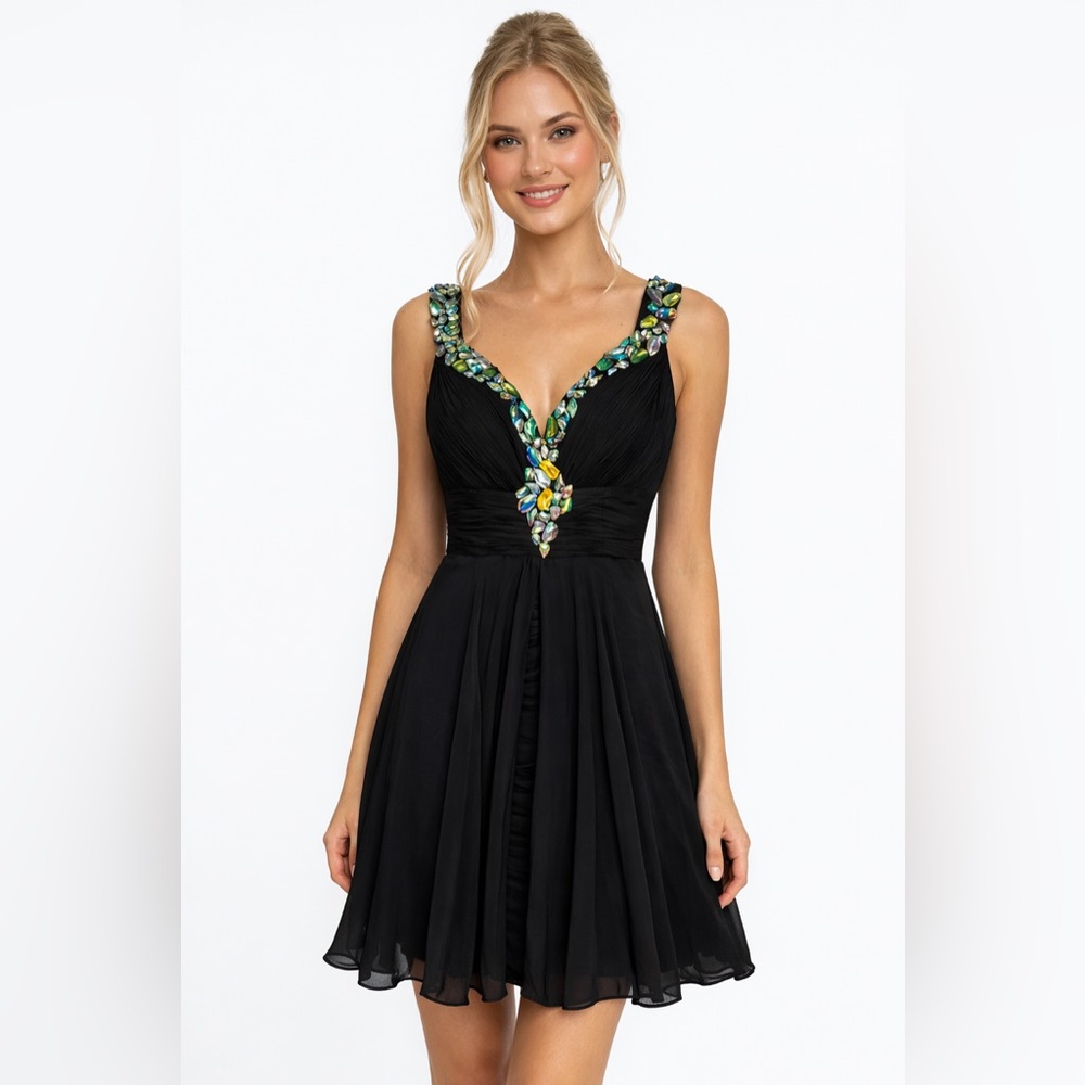 Mac Duggal Black Dress with Vibrant Embellishments